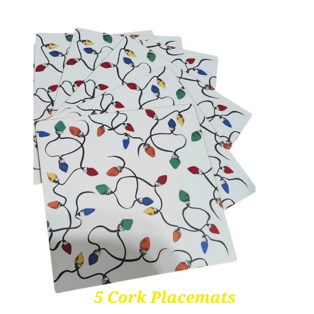 Pottery Barn Christmas Holiday Light String Cork Placemats & Napkins Set of 5‎